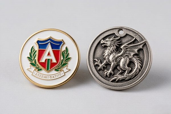 Flat 2D challenge coin compared with a sculpted 3D challenge coin