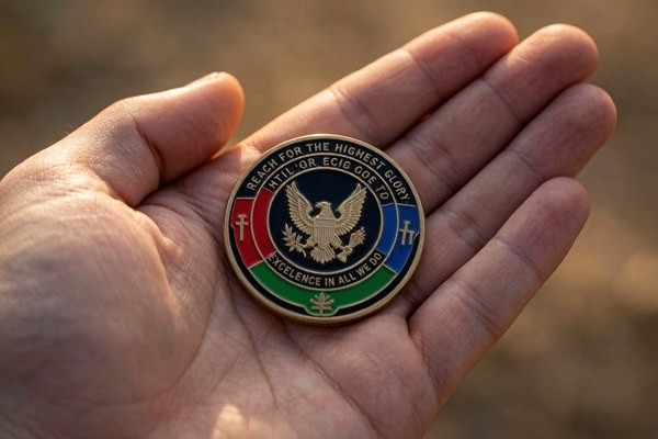 A custom challenge coin held in an open palm