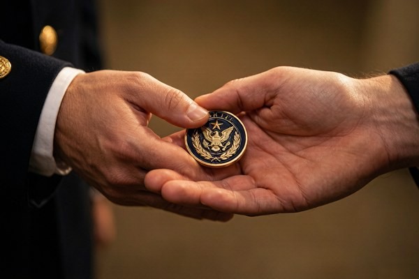 Two hands exchanging a challenge coin in a handshake gesture