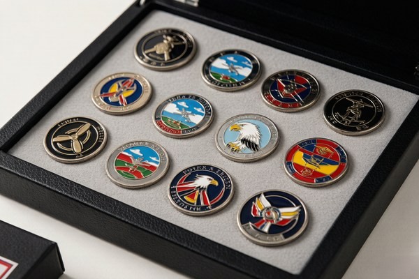Collection of challenge coins displayed in a presentation case