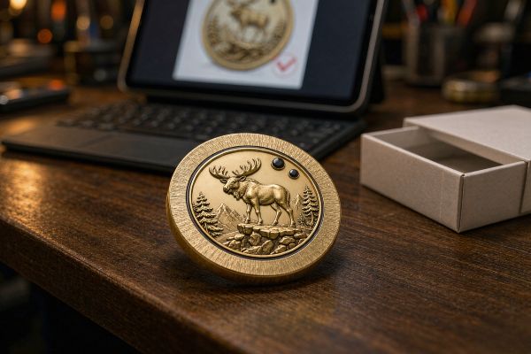 A single custom challenge coin on a workbench next to a tablet showing a digital proof and a small packaging box