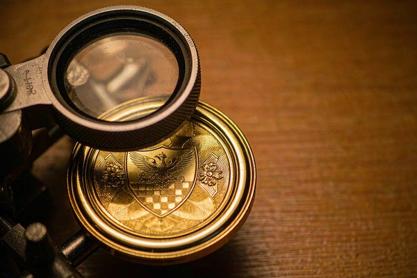 A finished custom challenge coin inspected under a jeweler's magnifier beside coin tooling