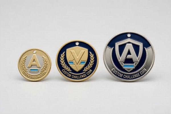 Three challenge coins in different sizes showing a size comparison