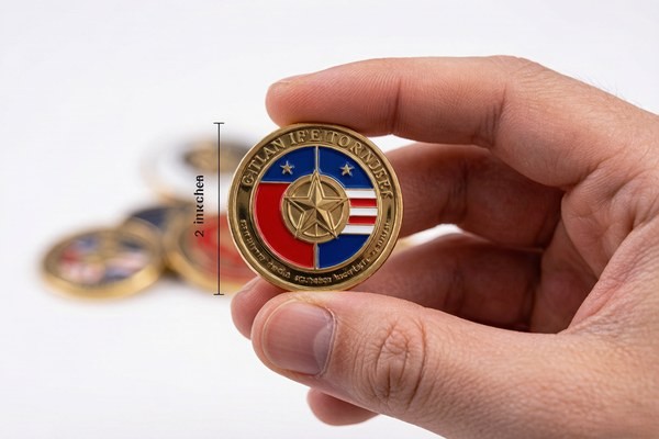 Hand holding a challenge coin to show its two-inch diameter
