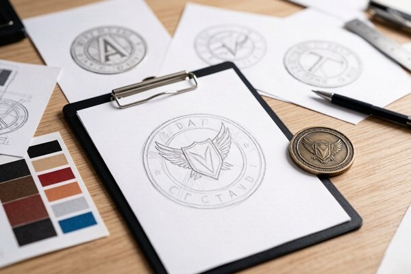 Hand-drawn challenge coin sketch with color palette and a finished coin sample