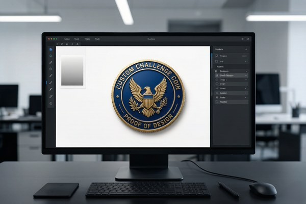 Digital challenge coin design proof displayed on a monitor